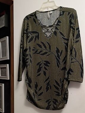Cato Olive Green Long-Sleeve Lace-Up Leaf Print Dress